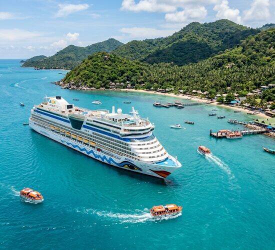 AIDA Kreuzfahrtschiff vor Koh Samui mit Tenderbooten
